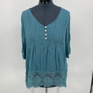 Teal 4 Button-Front Women's Top NO BRAND SIZE XL LACE TRIM PULLOVER